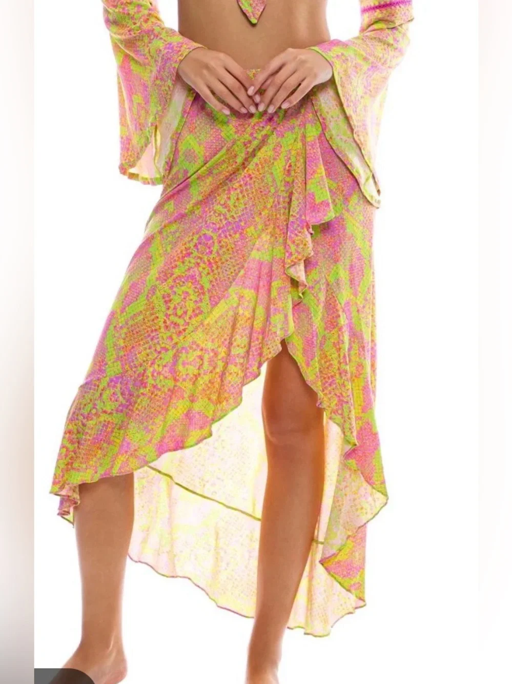 Luli Fama Pink & Lime Born to Be Wild Tie-Front Two-Piece Cover-Up Set Small